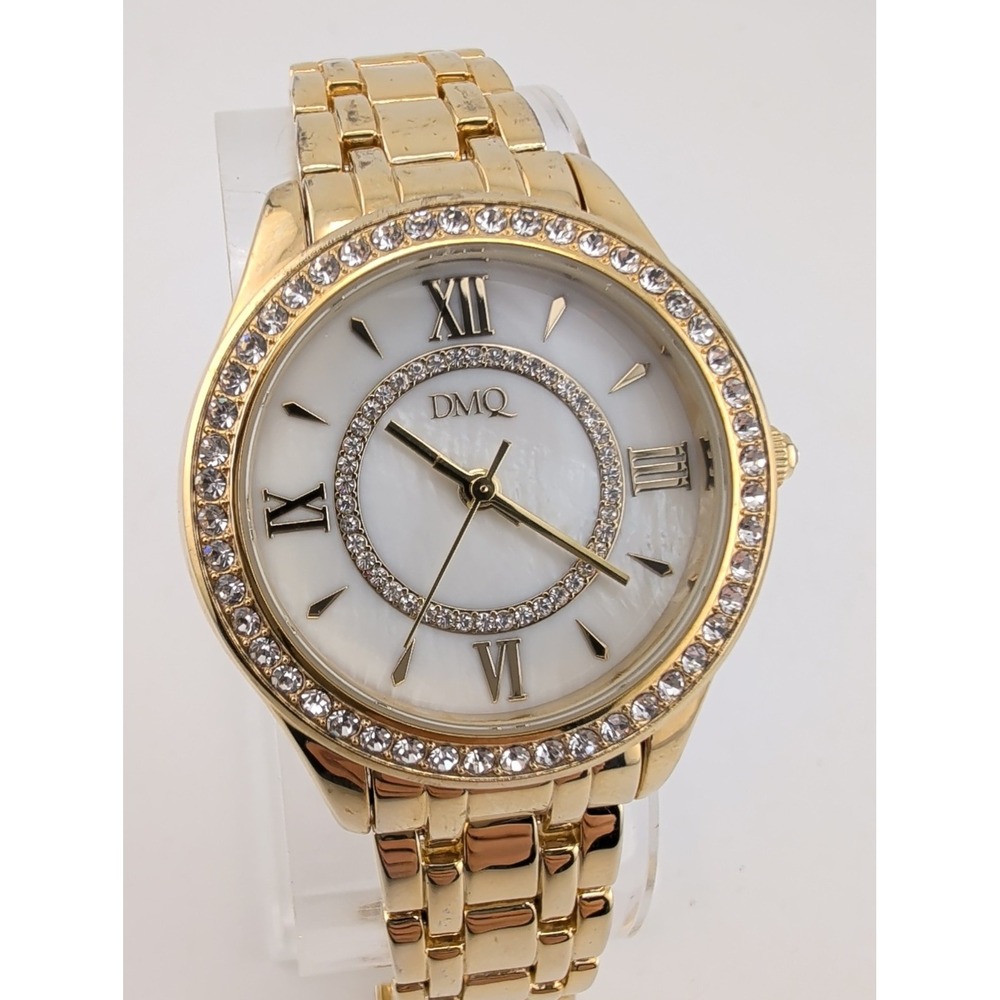 DMQ QVC Women's Watch 34mm MOP Dial Gold CZ Bezel New Battery 6.5"